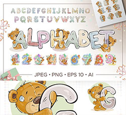矢量的卡通熊字母表合集(含AI/EPS/JPG/PNG等格式)：Kids alphabet with cartoon bear